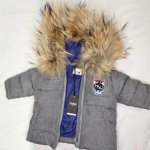 Fendi Blue Puffer Jacket with Fur Trim